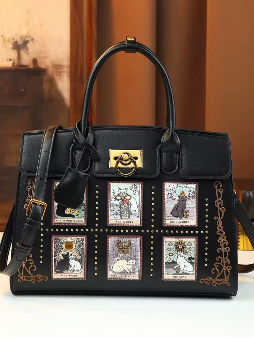 Black Tarot-Panel Top Handle Satchel Bag